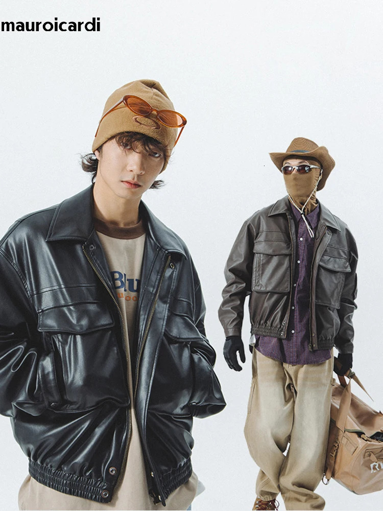 Mauroicardi Spring Autumn Vintage Cool Black Brown Soft Pu Leather Moto Jacket Men Zipper Pockets Cargo Clothes 241011