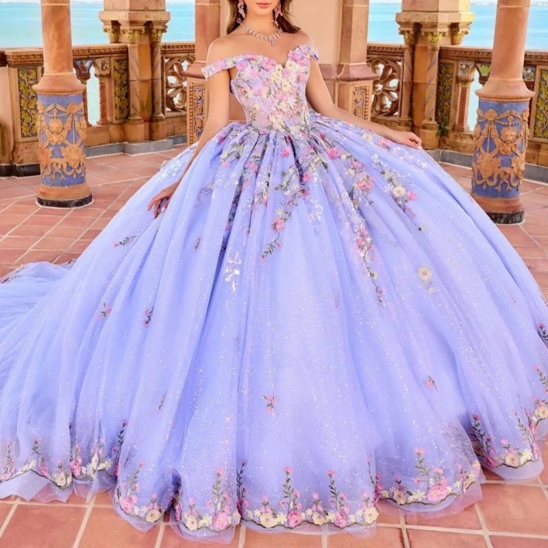 Lavender Shiny Off Shoulder Quinceanera Dresses Appliques Lace Sweep Train Ball Gown Sweet 16 Dress Vestidos De 15 Anos