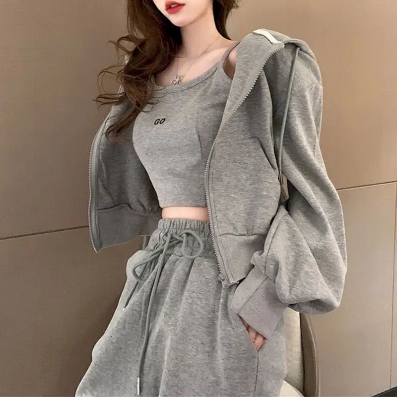Womens casual sportswear spring/summer Korean loose cardigan wool hoodie leggings sports pants and suspension three piece set 241011