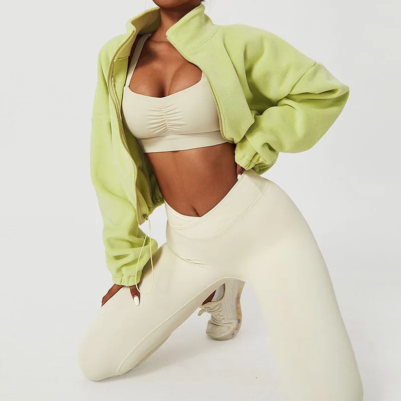 Autumn Winter Polar Fleece Cropped Coat Women Zipper Stand Collar Drawstring Outwear Woman Euro-American Outdoor Sports Jacket 241009