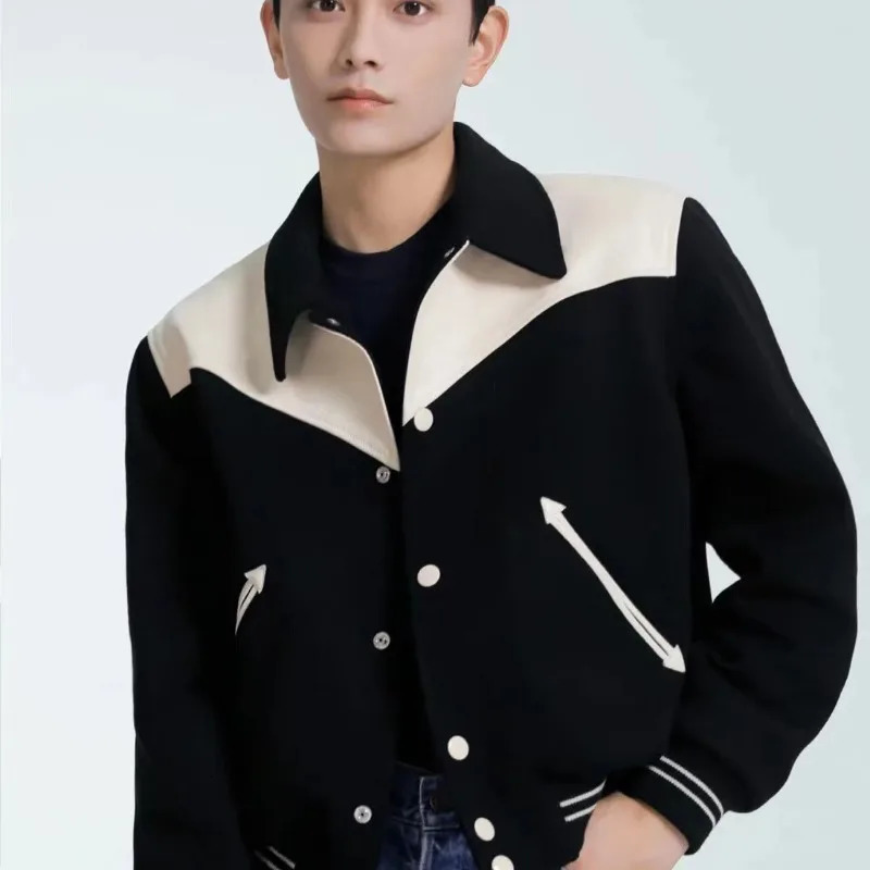 Mens baseball jacket retro patch work PU sleeves high street spring coat loose autumn racing motorcycle 241011