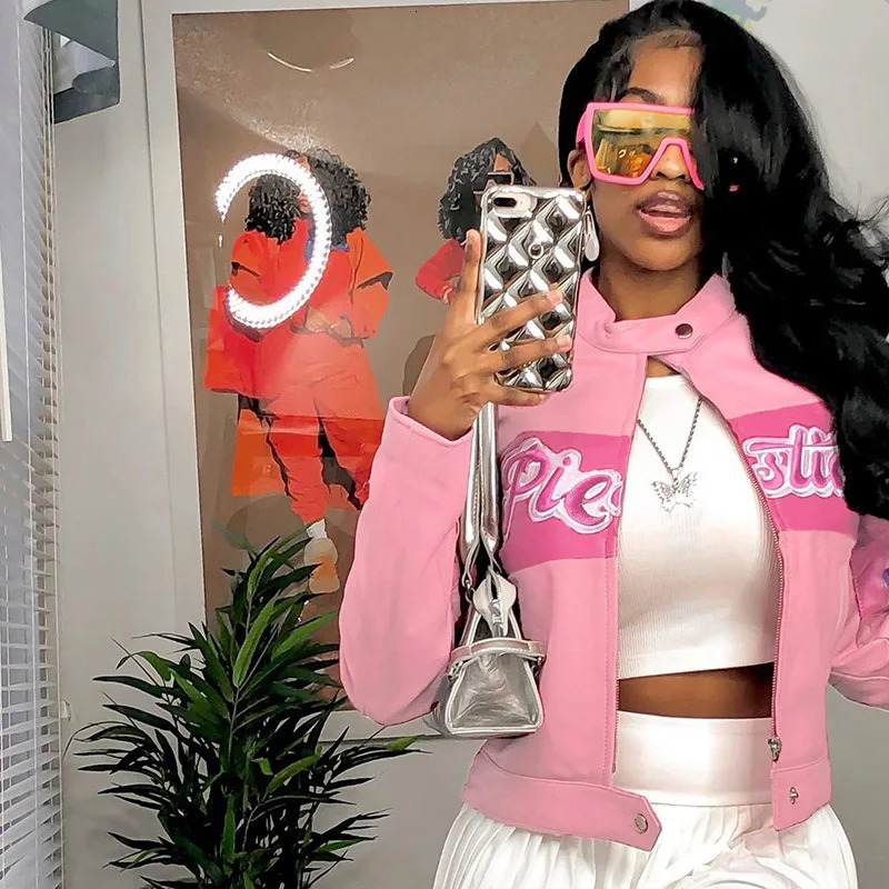 Winter Leather Jackets Women Crop Varsity Baseball Coats Y2K Streetwear Cyber Racer Patchwork Cropped 241011