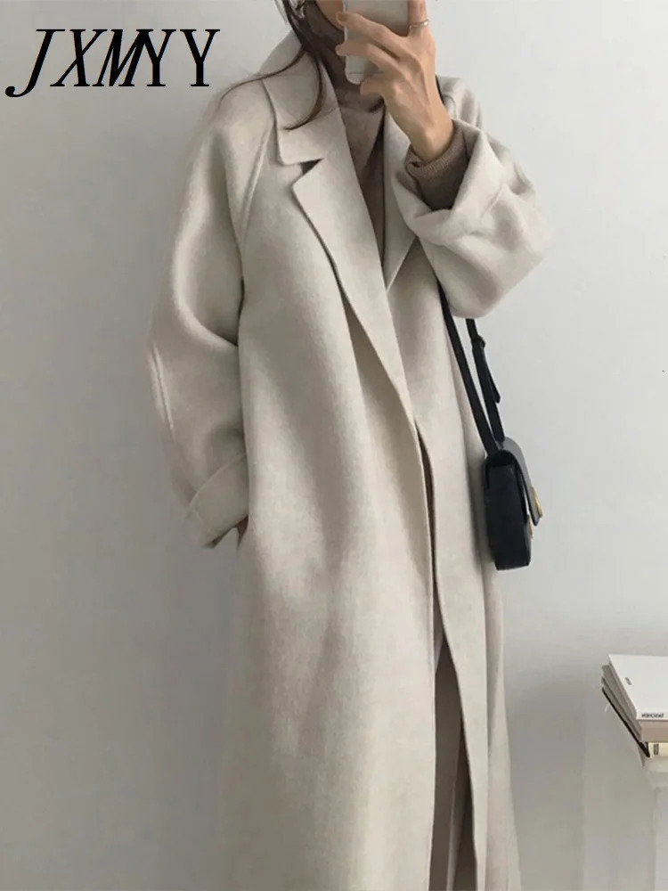 JXMYY French Lazy Style Warm Female Fresh Winter 2024 Classical Belt Retro Loose Women Woolen Coats Chic Casual Long Coat 240930