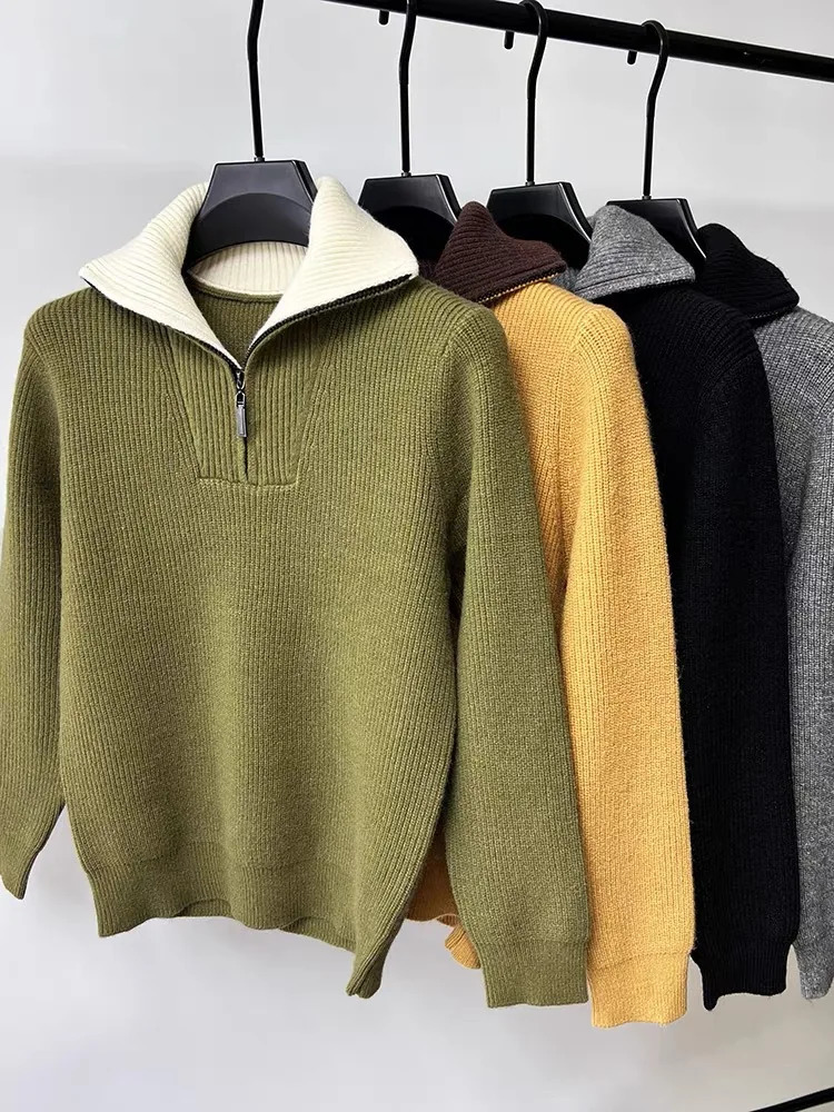 High end fashion mens half zipper sweater for autumn and winter casual fashion thick solid color high neck knitted sweater 241011