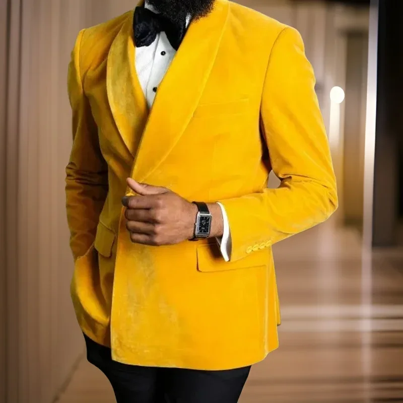 2 Pcs Prom Men Suits 2024 Double Breasted Shawl Lapel Wedding Groom Tuxedo Yellow Velvet Fashion Smoking Jacket with Pants
