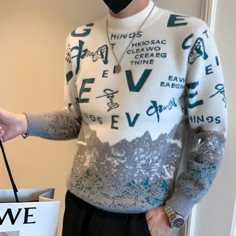 Half high neck ultra-thin crystal mink knitted sweater mens fashionable letter printed sweater at the bottom mens pullover sweater 241007