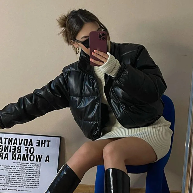 Lucyever 2024 Autumn Winter CottonPadded Jacket Women Black Pu Leather Short Parkas Woman Thicken Warm Stand Collar Parka Coat 240930