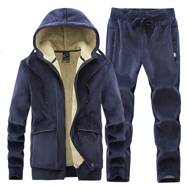 Thick and warm cashmere set hoodie wool sportswear windproof mens winter 2piece hoodiepants 241008