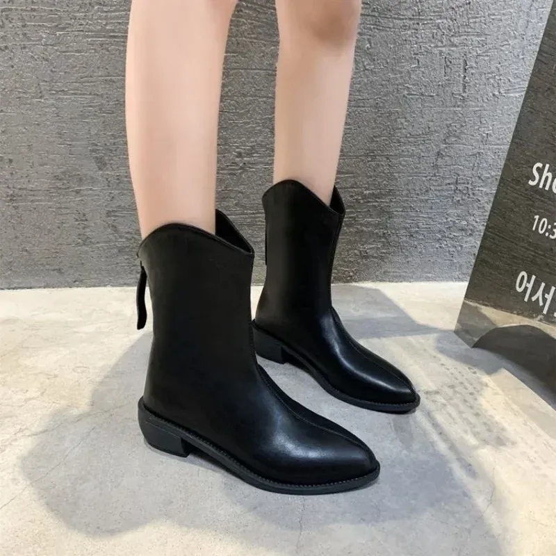 2024 New Pointed Ankle Boots Fashion Back Zipper Short Botas Elegant PU High Heels Winter Women's Shoes