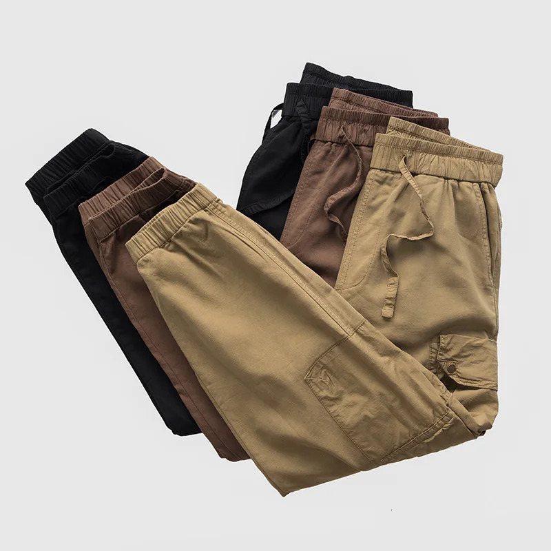 100% pure cotton high-quality elastic waist mens work clothes pants autumn loose jogging cargo handcart Y2K youth mens city boy 241007
