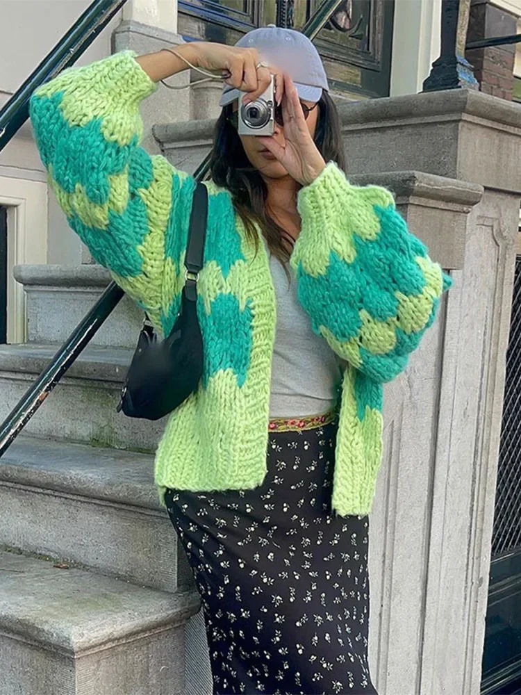 Color Blocking Knitted Cardigan For Women Casual Loose Long Sleeve Crop Sweater Female Streetwear Fashion Autumn Winter 241009