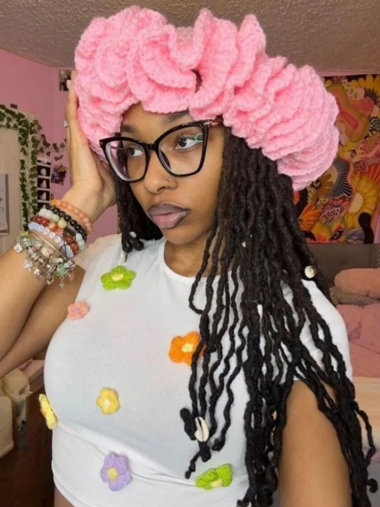 Soefdio colorful handmade knitted crocheted ruffled brown bucket hat womens fashionable fisherman outdoor windproof 241009