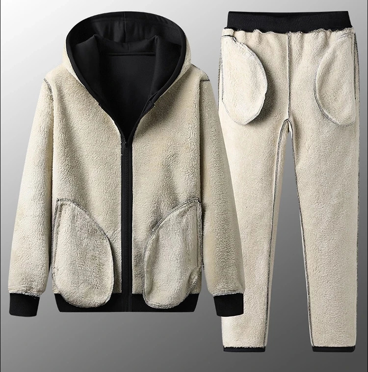 Fleece Men Set Fashion Tracksuit Lined Thick Hooded Sweatshirt Pants Sportswear 3Pcs Sets Male Winter Warm Outerwear 241011