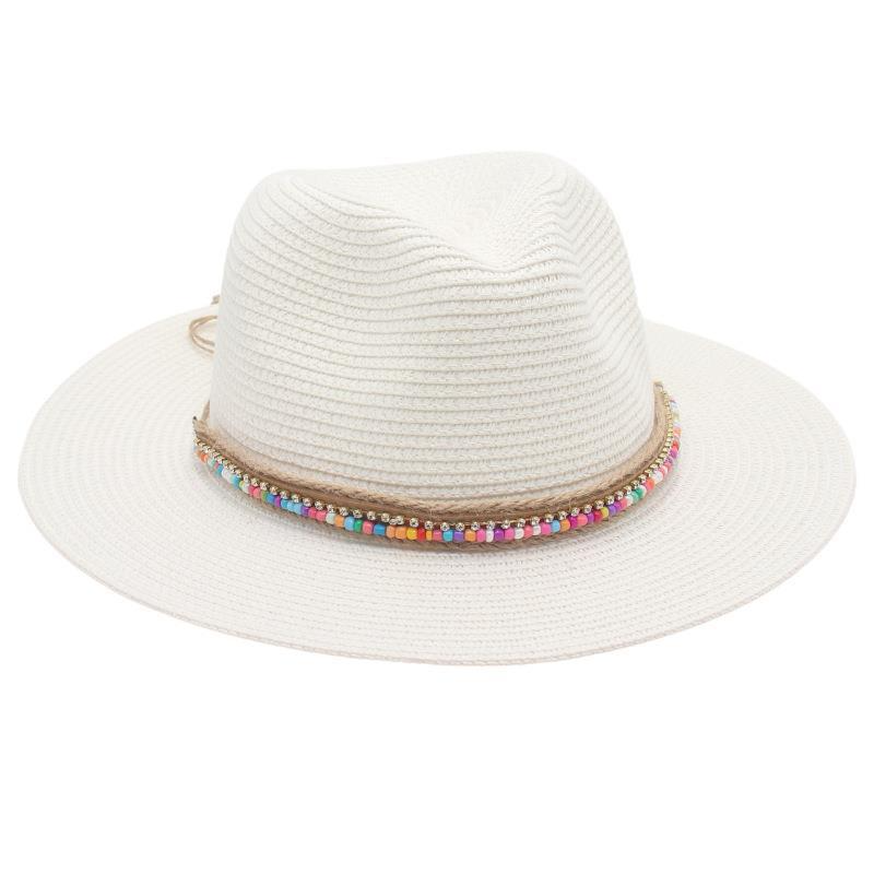 Ethnic Style Summer Panama Straw Hat with Rainbow Beads for Dance Performances & Beach Wear