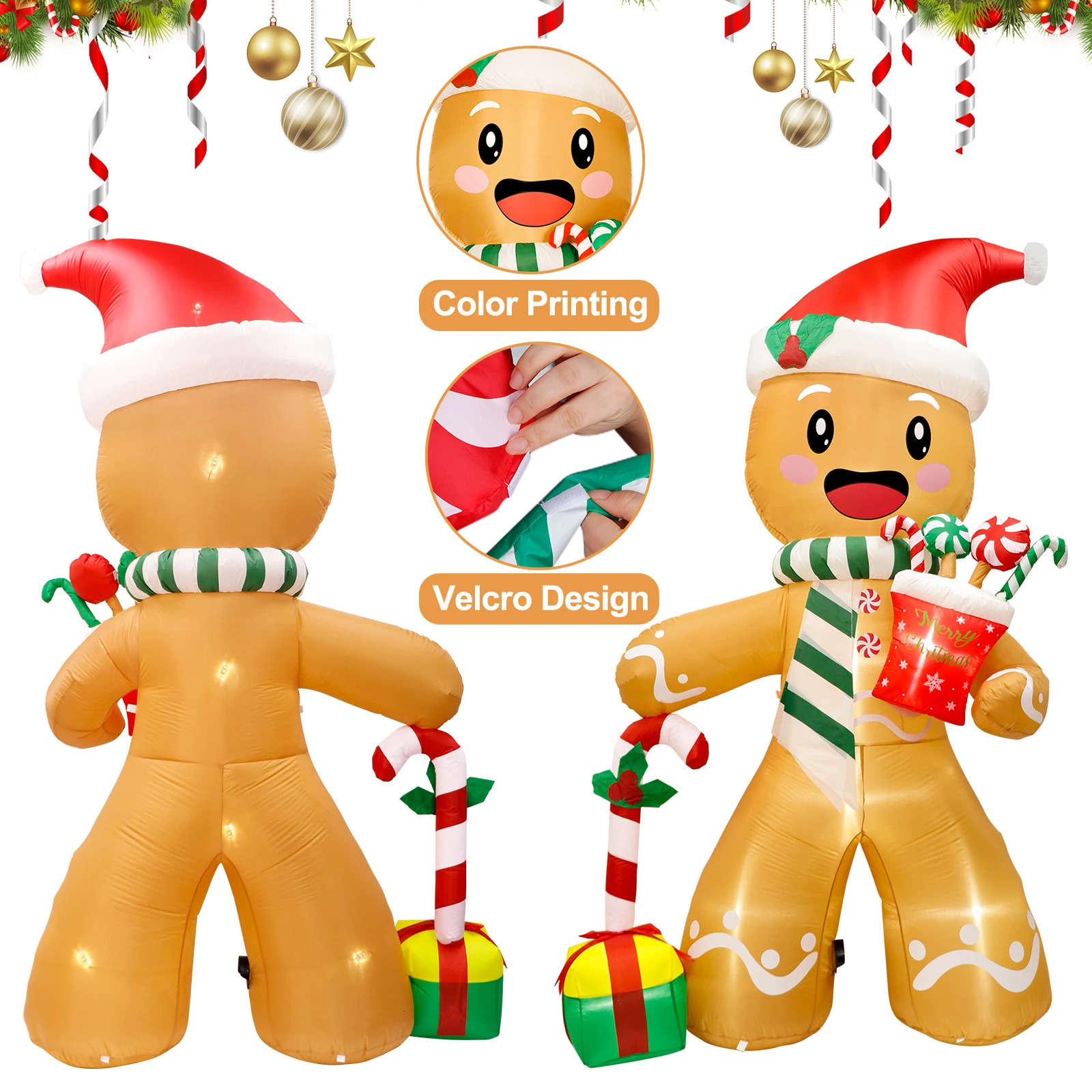 8FT Christmas Inflatables Outdoor Decorations Gingerbread Man Cute Xmas Blow Up Yard Decorations with 8 LED Lights for Decor 241007