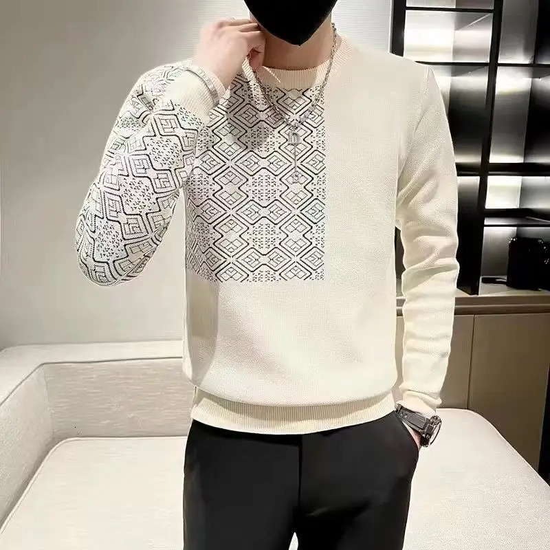 Mens round neck floral lantern long sleeved contrasting color letter sweater knitted casual autumn retro top 241007