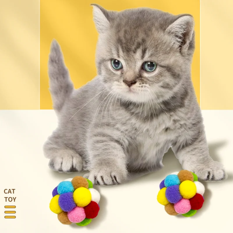 Cat Toy Colourful Plush Ball Interactive Pet Elastic Bell Self Hi Ball Playing Kitten Seven Colors Woolen Ball Cat Accessories