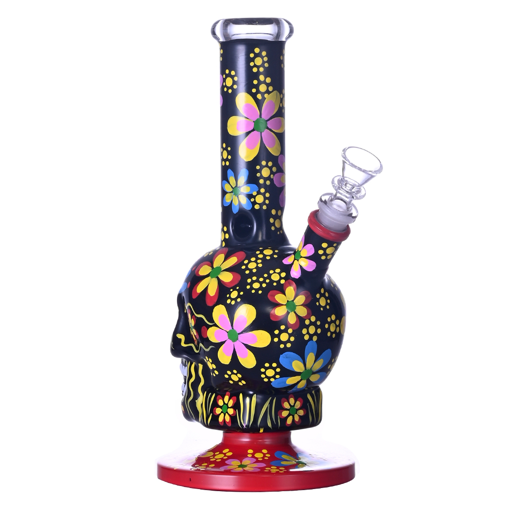 10.4in HippiesGlass,Hand Drawn Human Skeleton & Colored Flowers Glass Beaker Bong,Cute Halloween Bong,Borosilicate Glass Water Pipe,Glass Hookah,Smoki