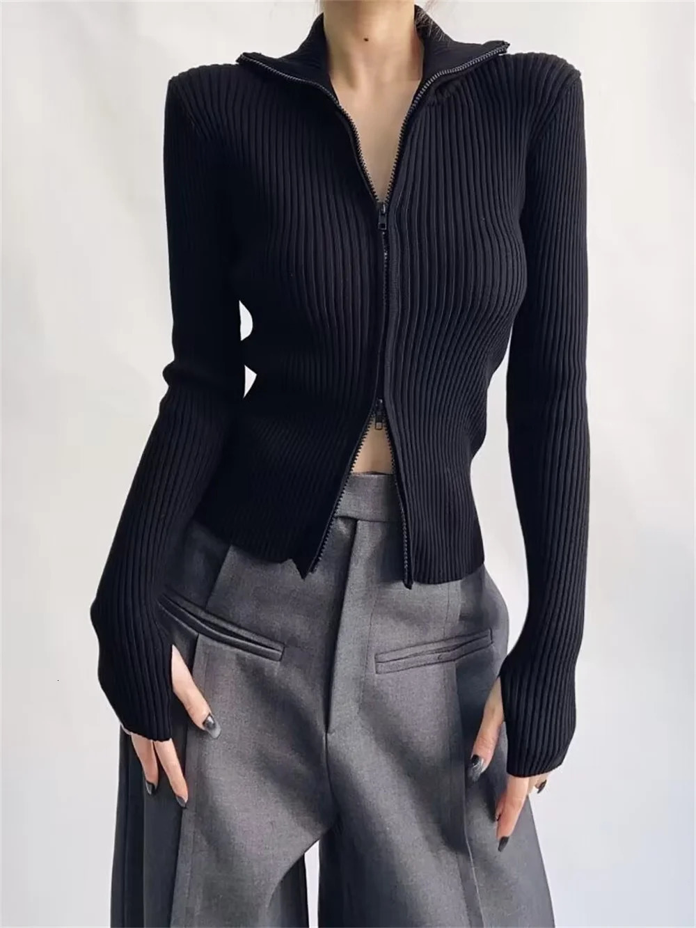Fashion Korean Spring Women High Elastic Slim Knitted Cardigan Woman Zipper Turtleneck Knitwear Long Sleeve Sweater Coat 241009