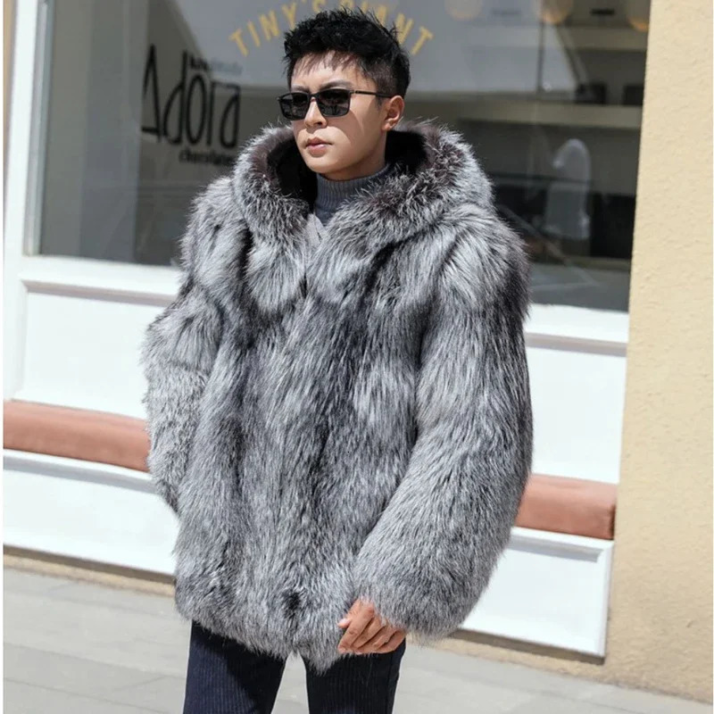 Model Winter Warm Hooded Fashion Fox Fur Men Mink Fur Integrated Coat Silver Fox Mink Coat Casual Cozy Jacket 241011