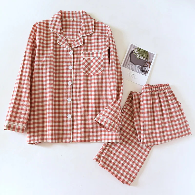 Japanese Spring/Summer Couples Pajama Set 100% Cotton Mens and Womens Checkered Long Sleeve Two Piece Home Furniture 241007
