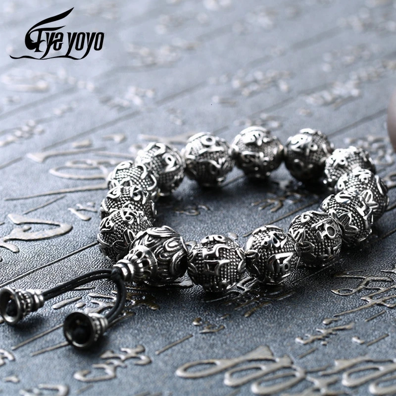 Charm Bead Metal Bracelet for Men Stainless Steel Carving OM Prayer Tibetan Buddhism Mara Meditation Bracelet for Men Treatment Jewelry 241011