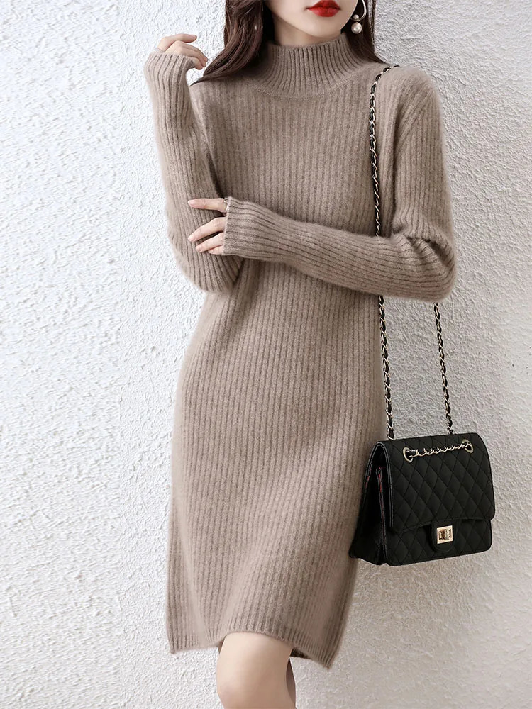 Fashion cashmere sweater womens knitted dress 100% Merino wool turtle neck elegant dress autumn and winter long sleeved short sleeved 241011