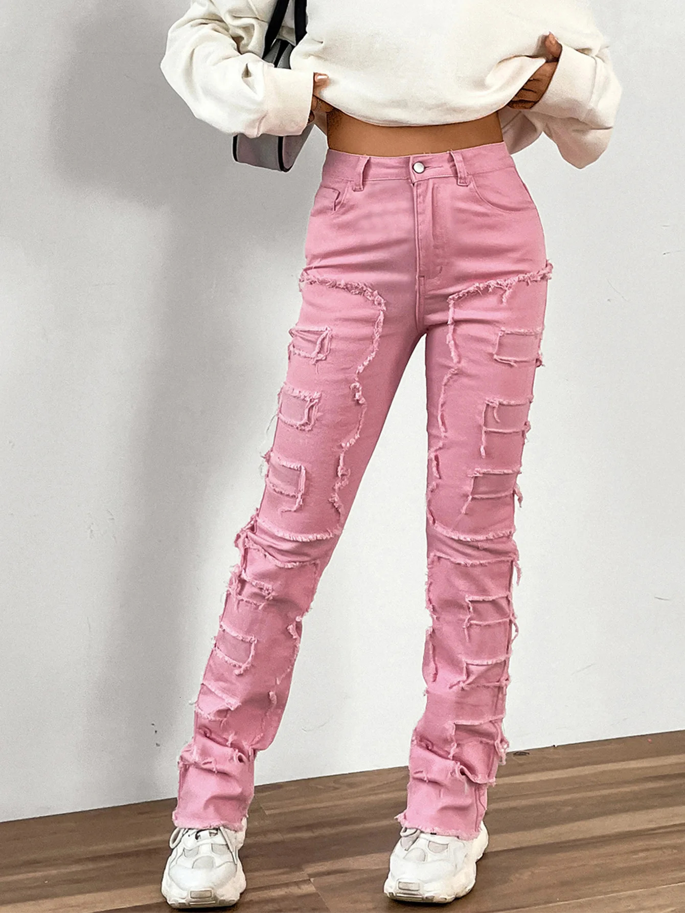 Women Jeans Denim Straight Pants Spliced Patchwork High Street Slim Fit Pockets Mid Waist Washing Zipper Slight Srech 2024 241007