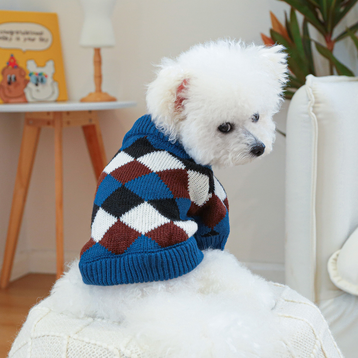 1PC pet clothing cat spring and autumn pullover blue coffee diamond grid sweater suitable for small and medium-sized dogs