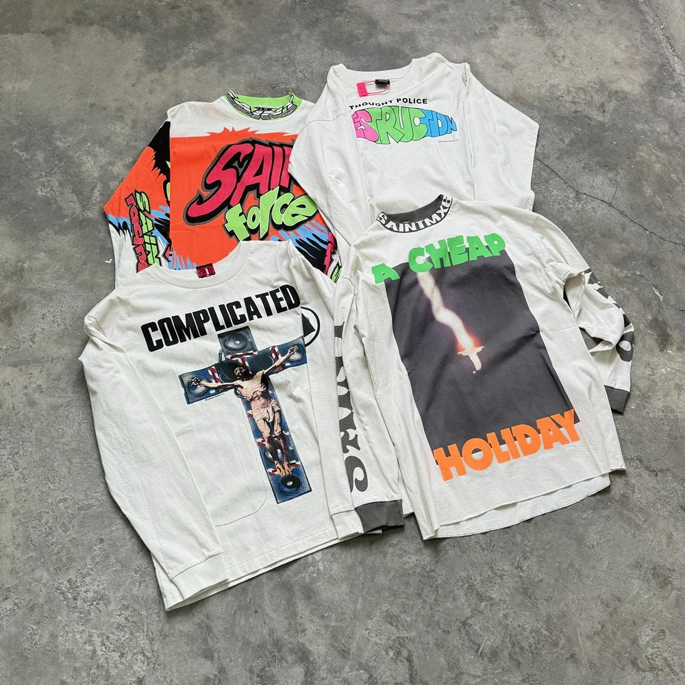 Yao Fashion Saint Of Michael 24SS Casual Men Clothing Long Sleeve Tee Vintage Retro Oversize Streetwear HipHop T Shirt 241011