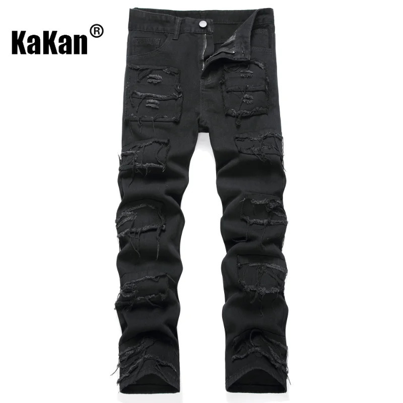 Kakan European and American casual slim fit small leg elastic straight mens jeans black scratch long 9010 241008