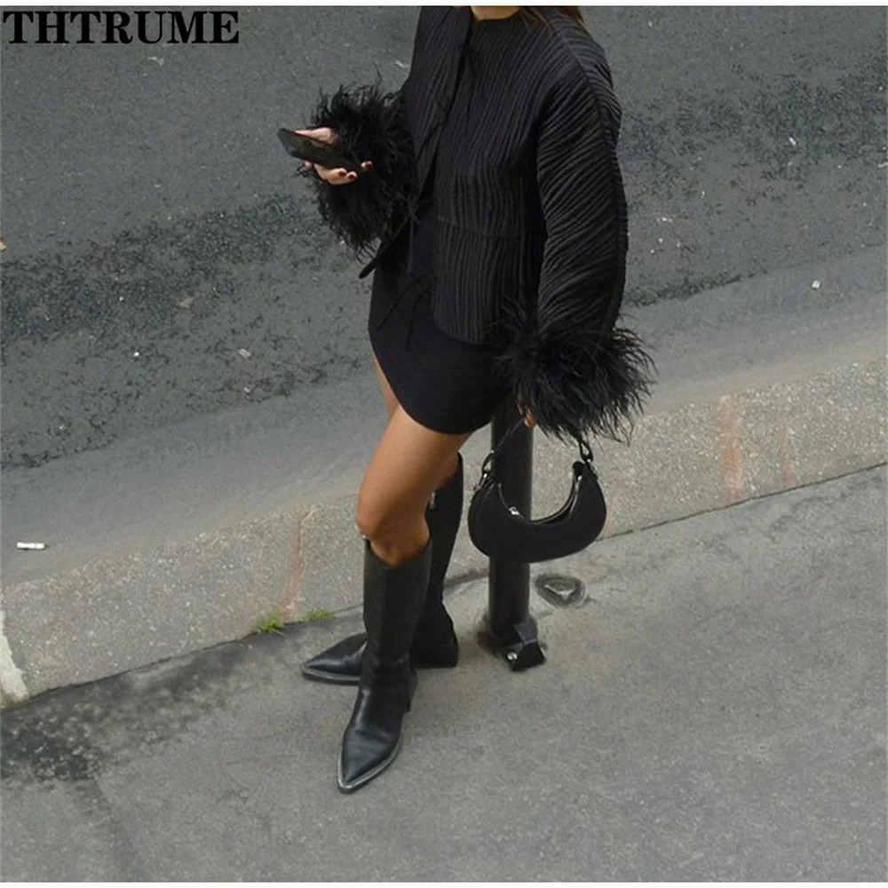 2024 Autumn Jackets Fashion Women Solid Spliced Feather Cuffs Lace Up ONeck Coats Casual Long Sleeve Elegant Chic Coat 241011