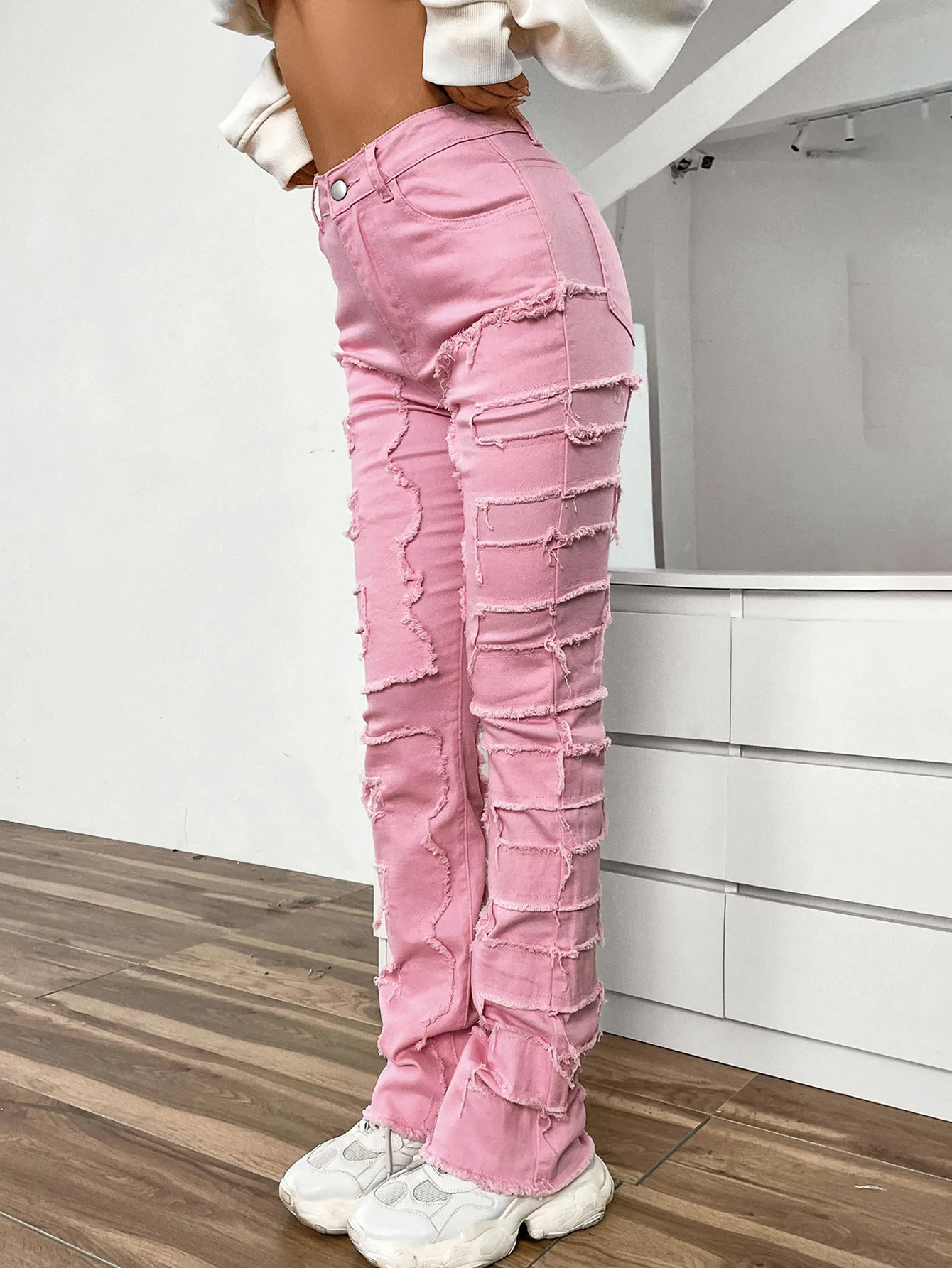 Women Jeans Denim Straight Pants Spliced Patchwork High Street Slim Fit Pockets Mid Waist Washing Zipper Slight Srech 2024 241007