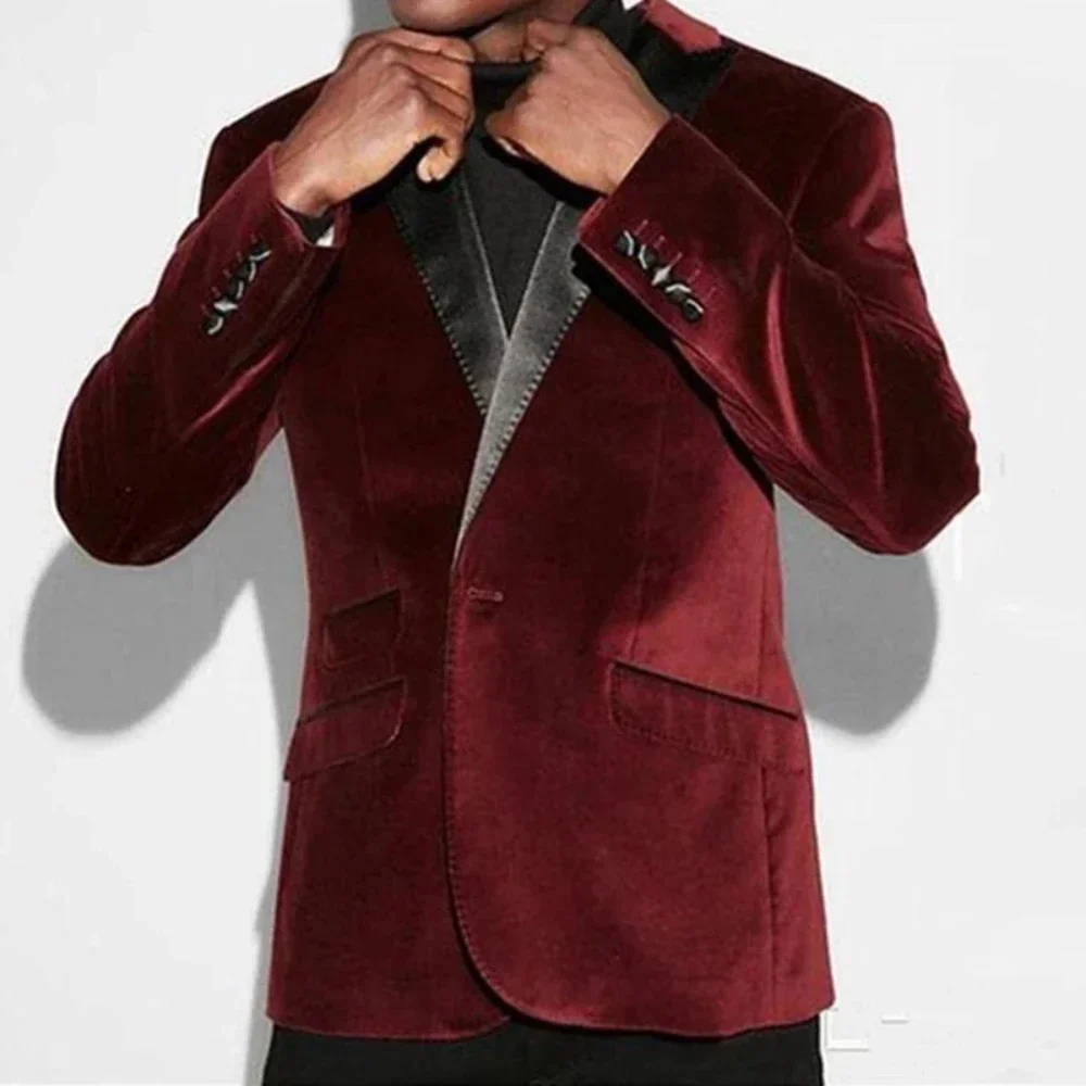 Slim Fit Groom Tuxedos For Wedding 2024 2 Pcs Men Suits Burgundy Velvet Smoking Jacket With Pants Male Fashion Costume