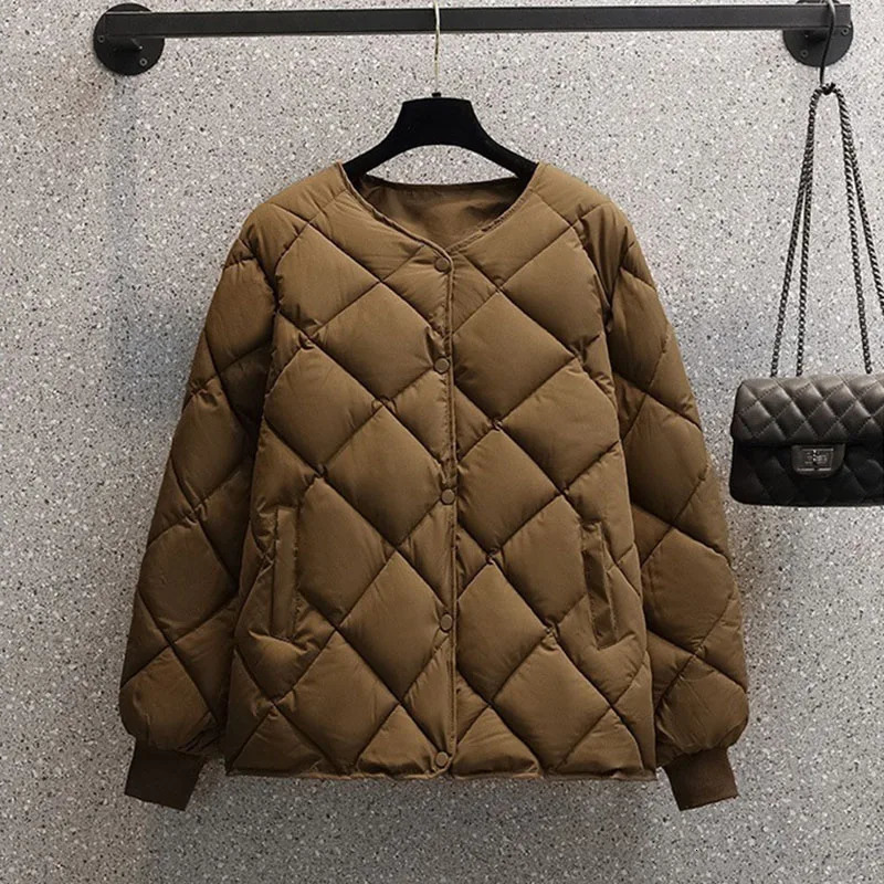 2023 Short Cottonpadded Jacket Female Down Cotton Coat Autumn Winter Women Light Thin Quilted Lattice Parkas Casual Tops Coats 240930