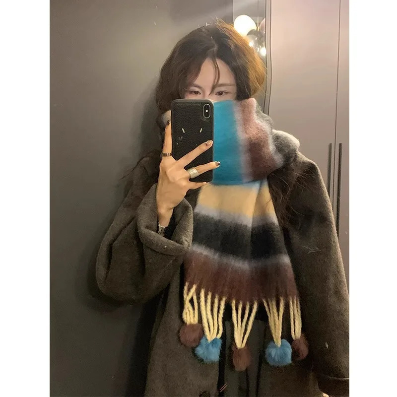 Winter Soft Warm Scarf Women Fashionable Plush Colorful Striped Scarf Versatile Mohair Couple Shawl Long Vintage Scarf Shawl 241009