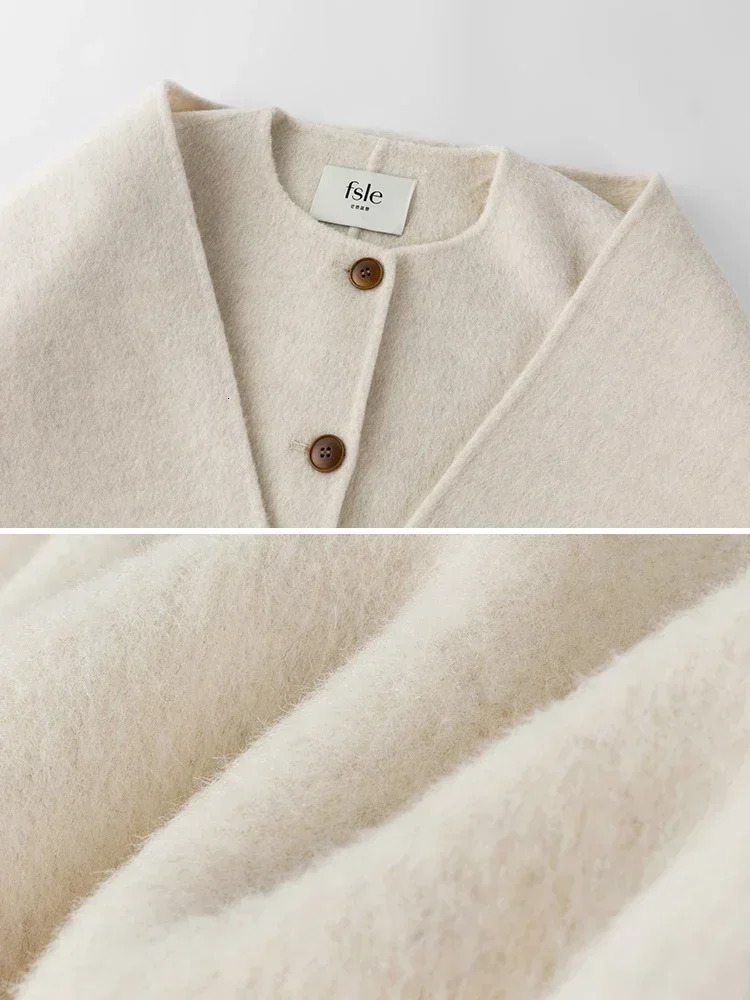 FSLE 100 Wool Camel Color Short Scarf Collar Coat For Women 893 107 Lyocell Beige Round Neck Female Woolen Coats 241010