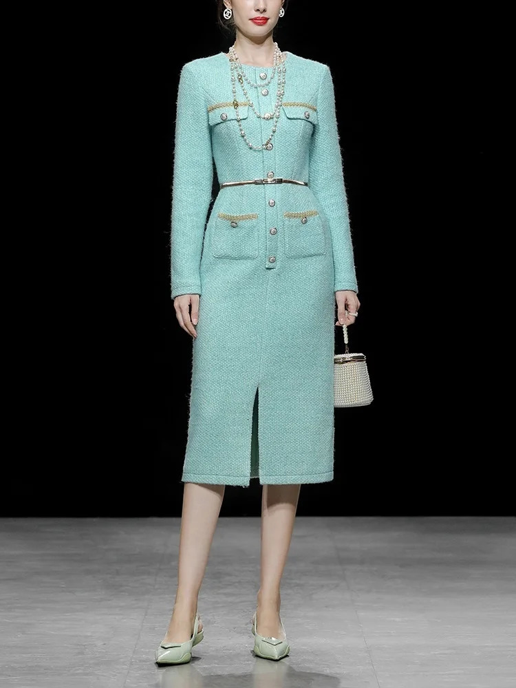 IEQJ temperature ultra-thin waist thick tweed womens full sleeved office womens long party dress spring fashion 3WQ1401 241011