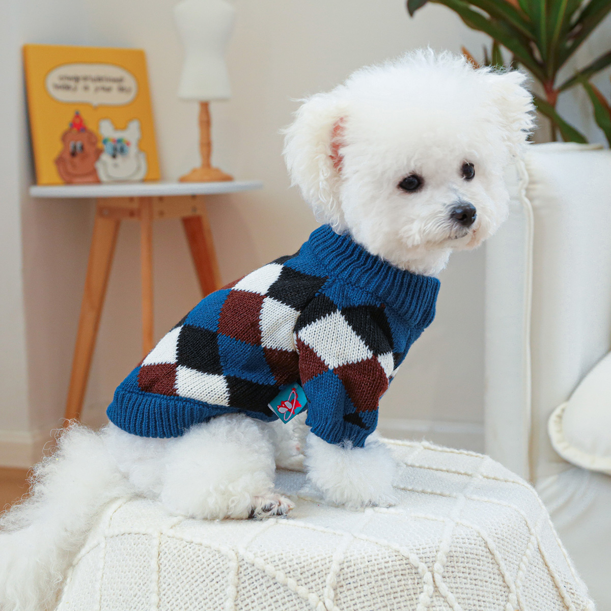 1PC pet clothing cat spring and autumn pullover blue coffee diamond grid sweater suitable for small and medium-sized dogs