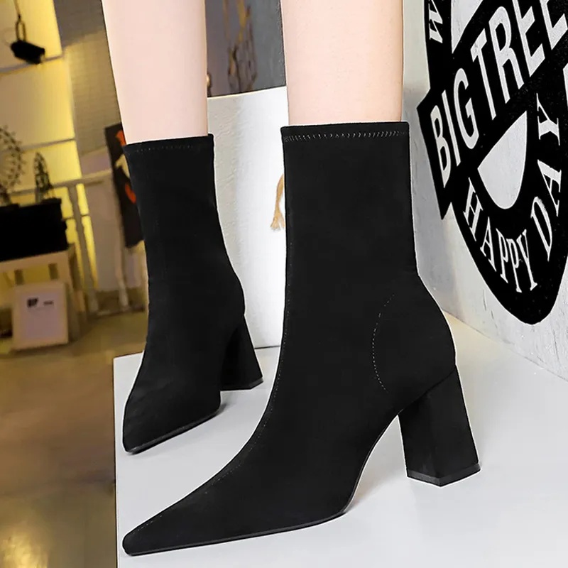 BIGTREE High Suede Ankle Pointed Toe Soc Thick Heel Women Shoes Warm Winter Boots Size 43