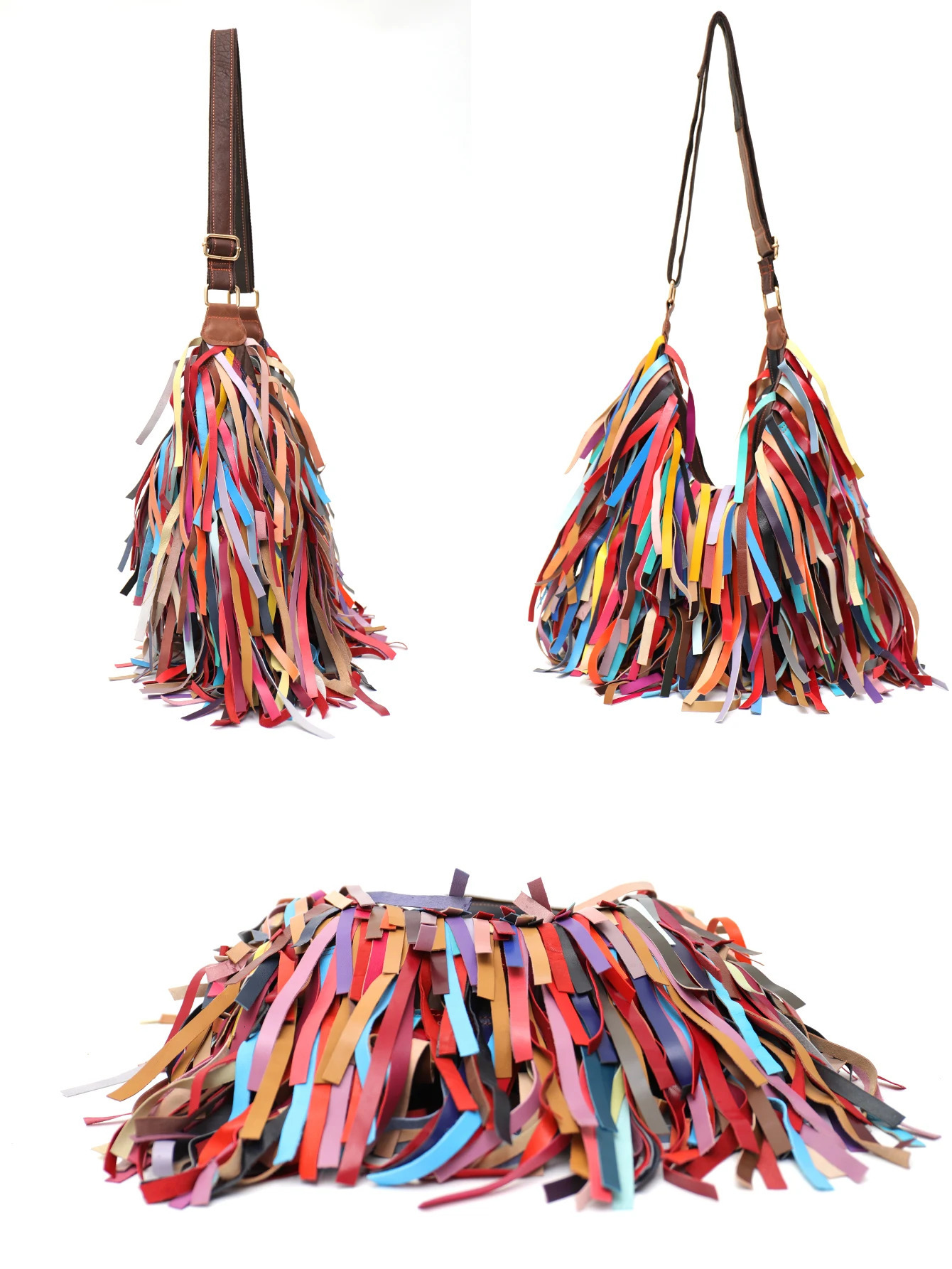 SC Colorful Real Sheepskin Shoulder Bags For Women Large Casual Slouchy Hobo Handbags Patchwork Leather Tassel Cross Body Purses 241008