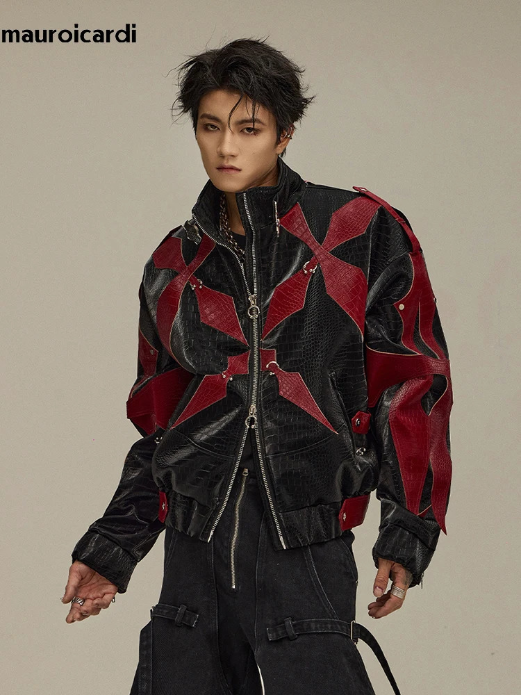 Mauroicardi Spring Autumn Cool Handsome Print Patchwork Pu Leather Jacket Men Color Block Clothes 2024 241011