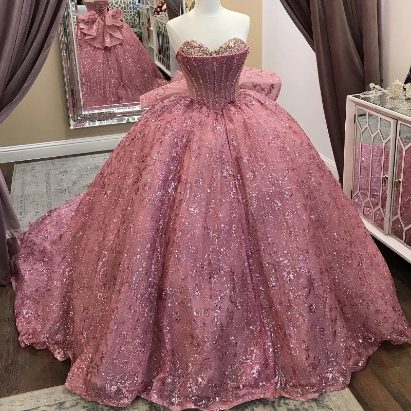 Pink Shiny Ball Gown Quinceanera Dresses Off the Shoulder Corset Sequined Lace Beads Crystal Sweet 16 Dress Vestidos De XV Anos 15 Anos