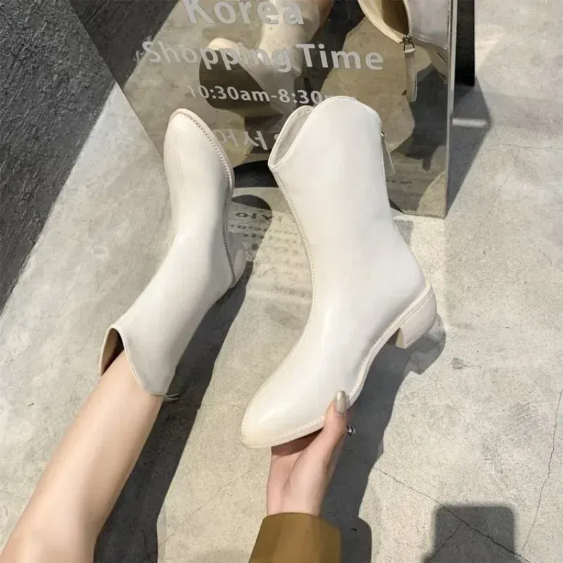 2024 New Pointed Ankle Boots Fashion Back Zipper Short Botas Elegant PU High Heels Winter Women's Shoes