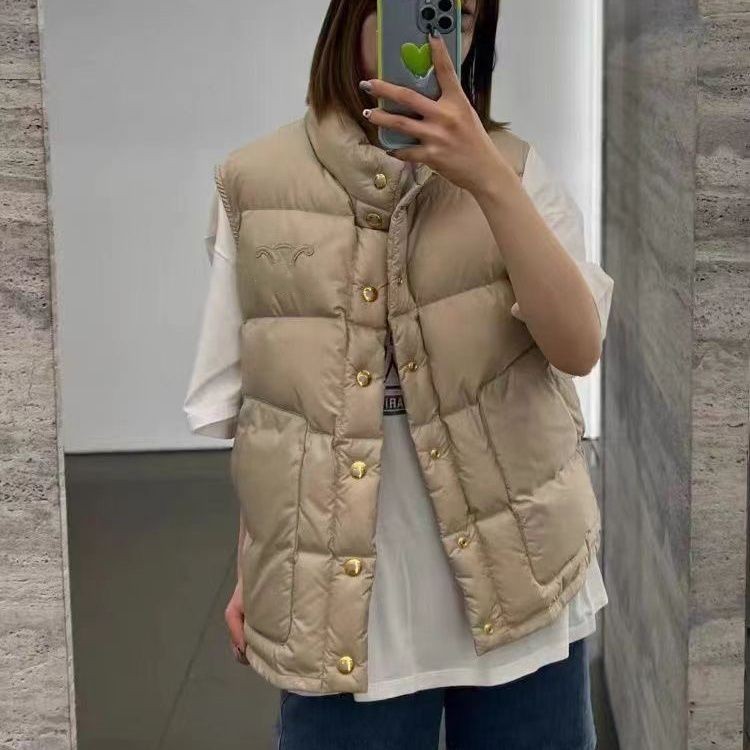 Women autumn winter warm logo embroidery gold buttons patched designer down padded vest coats SMLXL