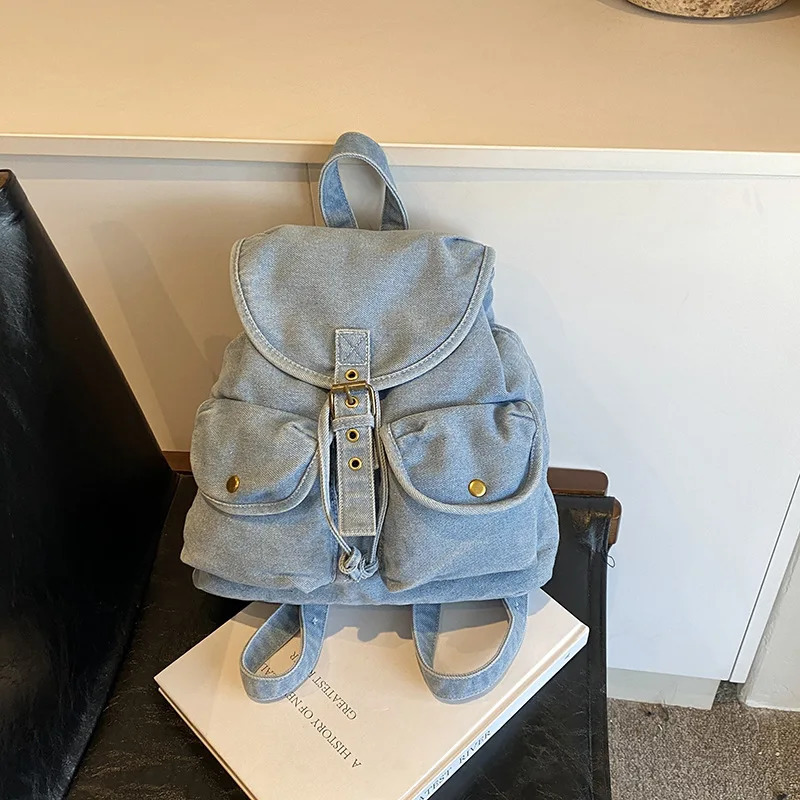 Casual denim drawstring backpack Korean mini Japanese bag canvas fashionable womens handbag travel bag Rucksack school bag 241008