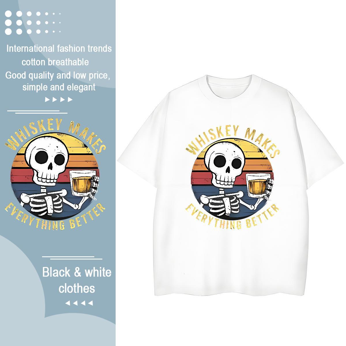 New Womens T Shirts 100% Cotton 230g Crew Neck Daily Wear skull Woman Tshirt Unisex Anime Oversized Clothings