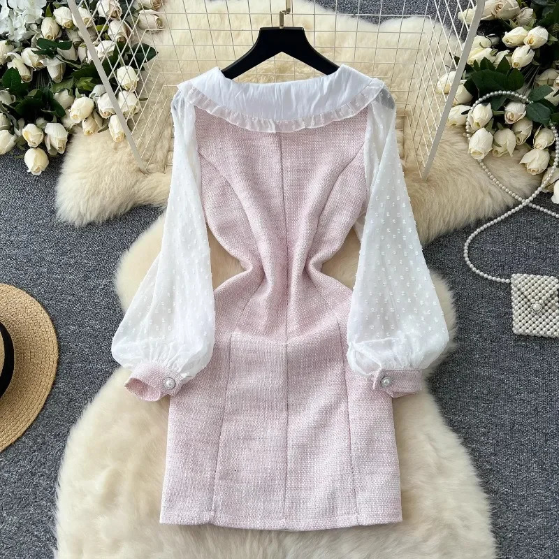 Fashionable sweet pink long sleeved dress for women coarse tweed mesh long sleeved dress autumn polka dot pearl office dress 241011