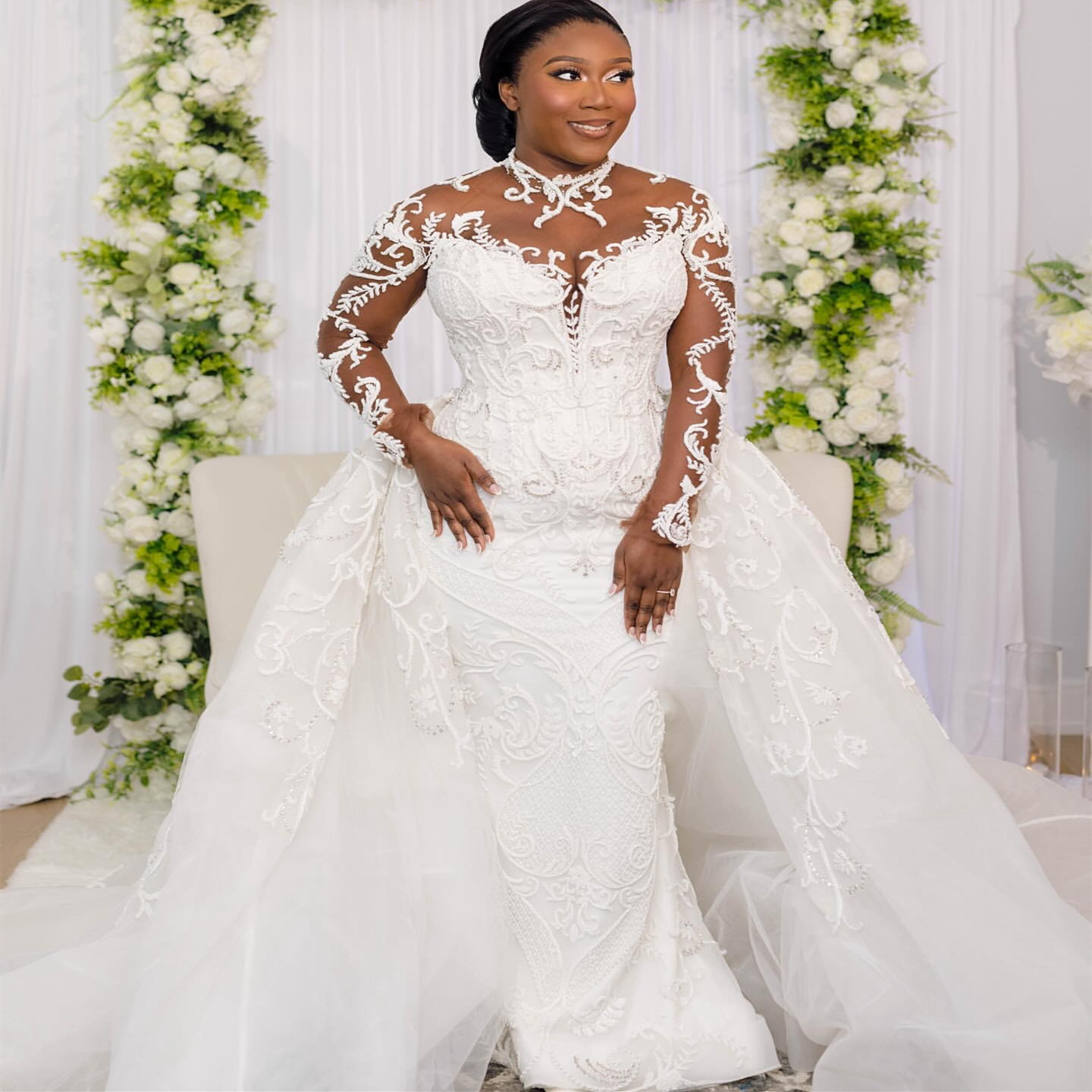2024 Arabic Aso Ebi Plus Size White Mermaid Wedding Dresses Lace Beaded Full Sleeves Detachable Train Luxurious Bridal Gowns Dress Wd02