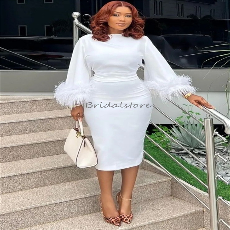 Chic White Short Prom Dresses With Feather O Neck Knee Length Long Sleeve Evening Dress African Black Women Cocktail Dresses Elegant Formal Vestios De